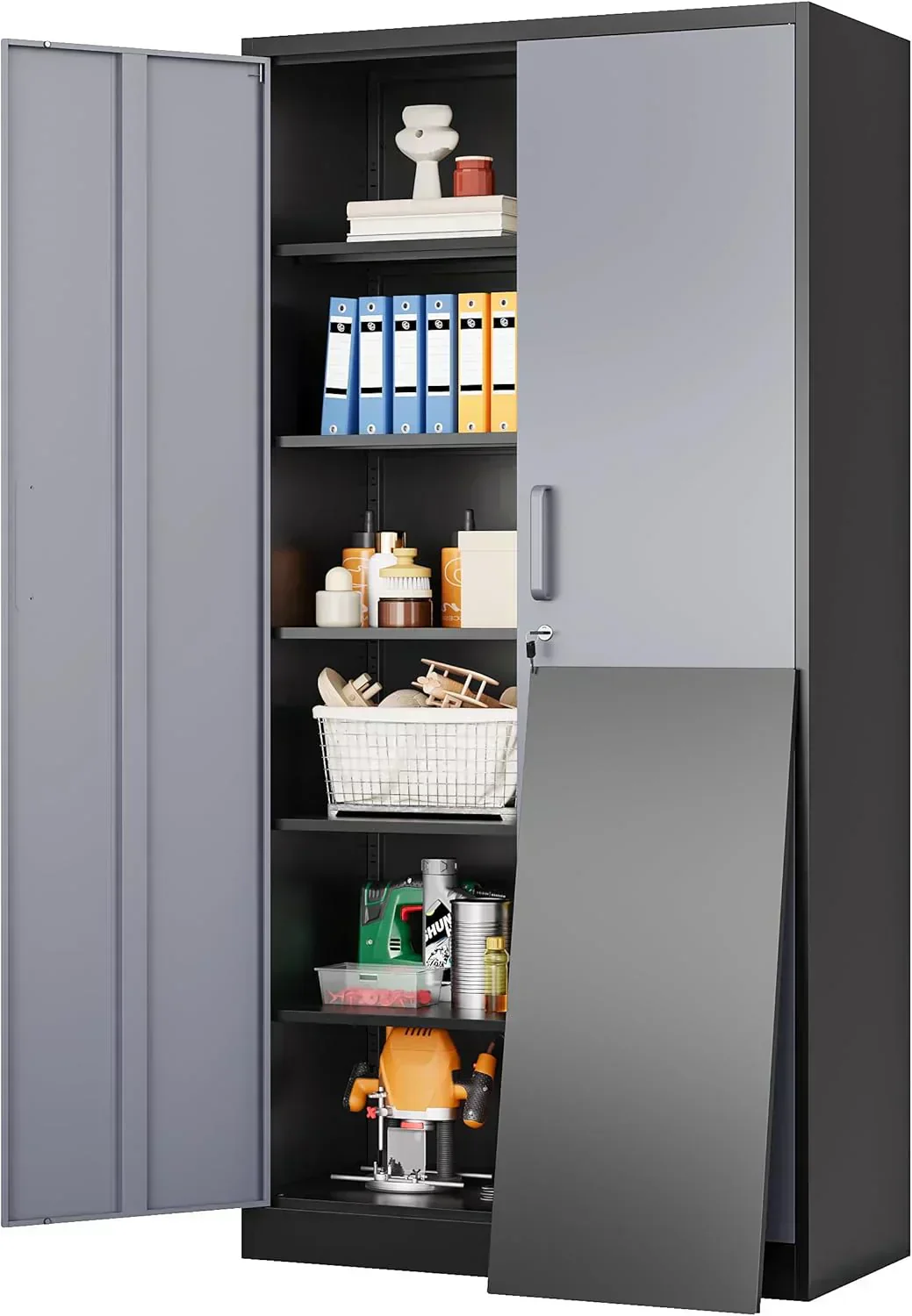 Metal Storage Cabinet with 2 Doors and 6 Shelves Black Metal Cabinet Garage Storage Cabinet