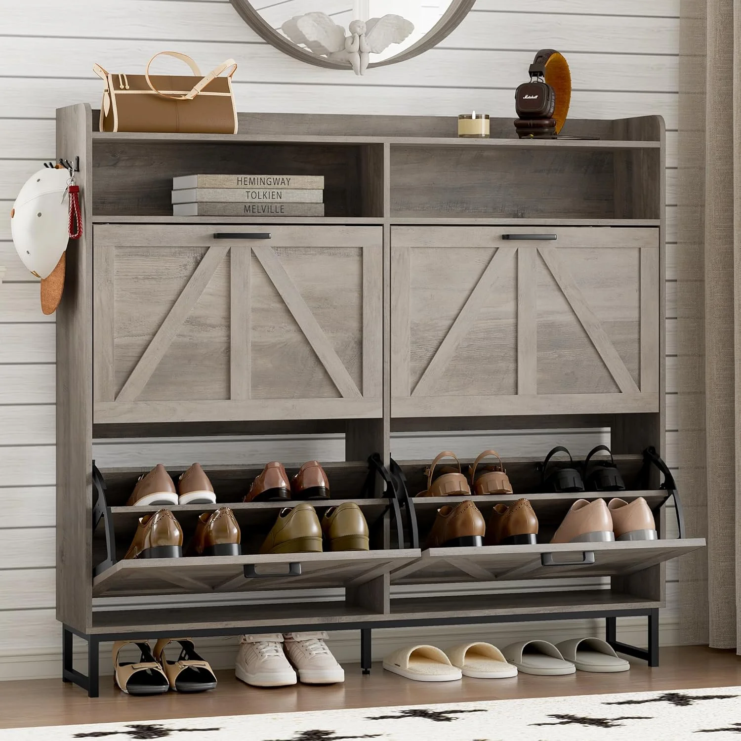 Shoe Cabinet with 2 Flip Drawers Narrow Shoe Storage Cabinet Organizer Wooden Freestanding Rack